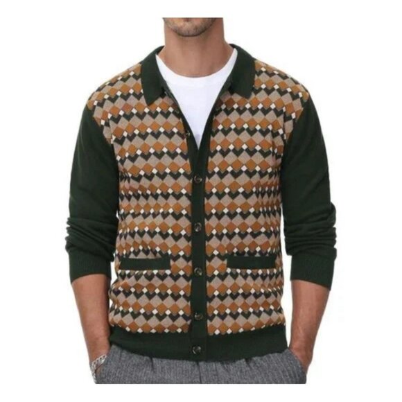 PJ Paul Jones VTG Inspired Argyle  Cardigan Sweater Collar Button Down Grandpa S - Picture 1 of 12